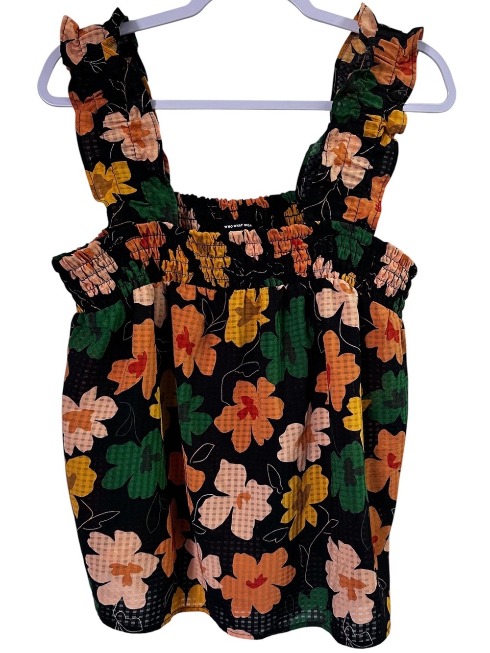 Who What Wear Black Floral Smocked Tank Top Women’s Size L | Summer Blouse
